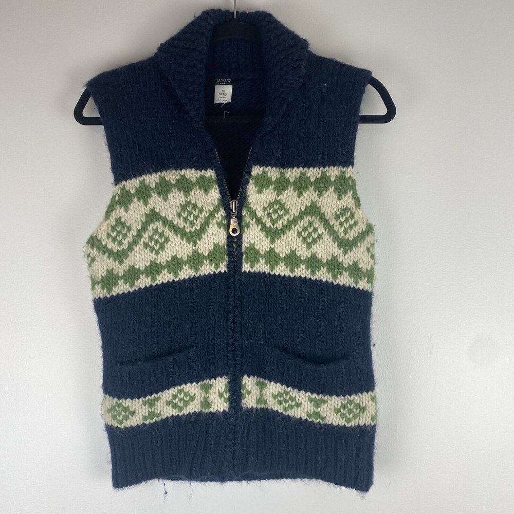 J. Crew Womens Chunky Fair Isle Alpaca Wool Vest Size XS Handknit Navy Green Zip